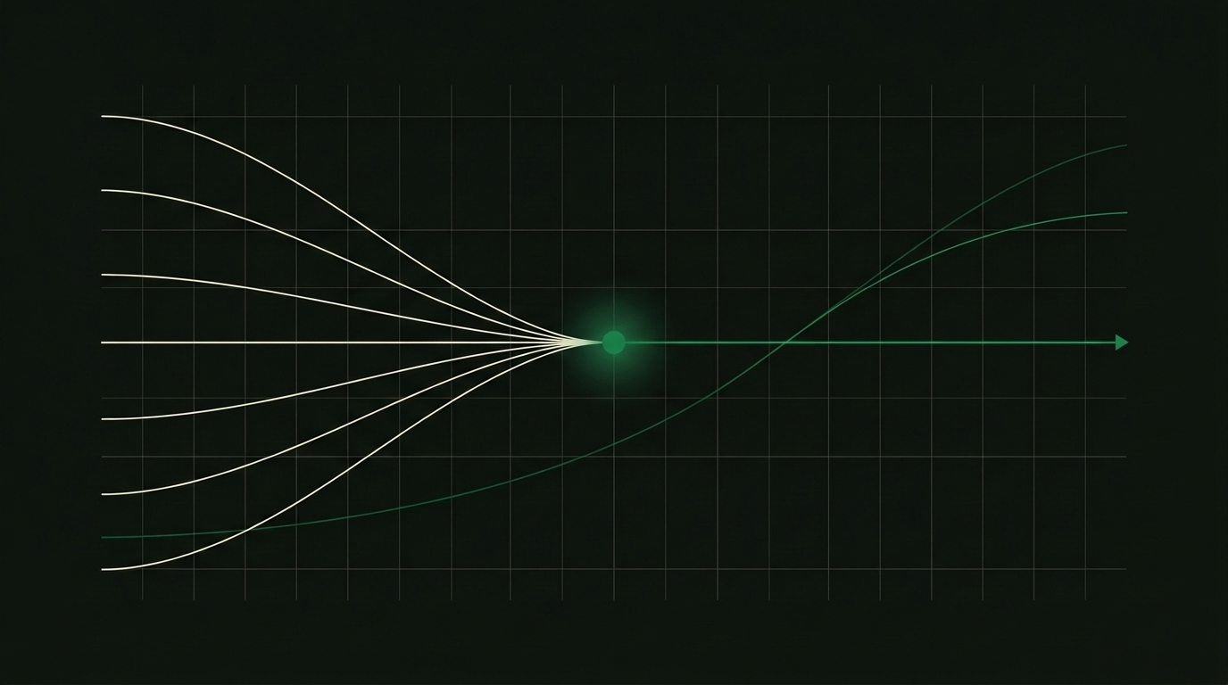 Editorial tactical illustration of a paid search budget resolving into a conversion funnel, in obsidian and emerald.